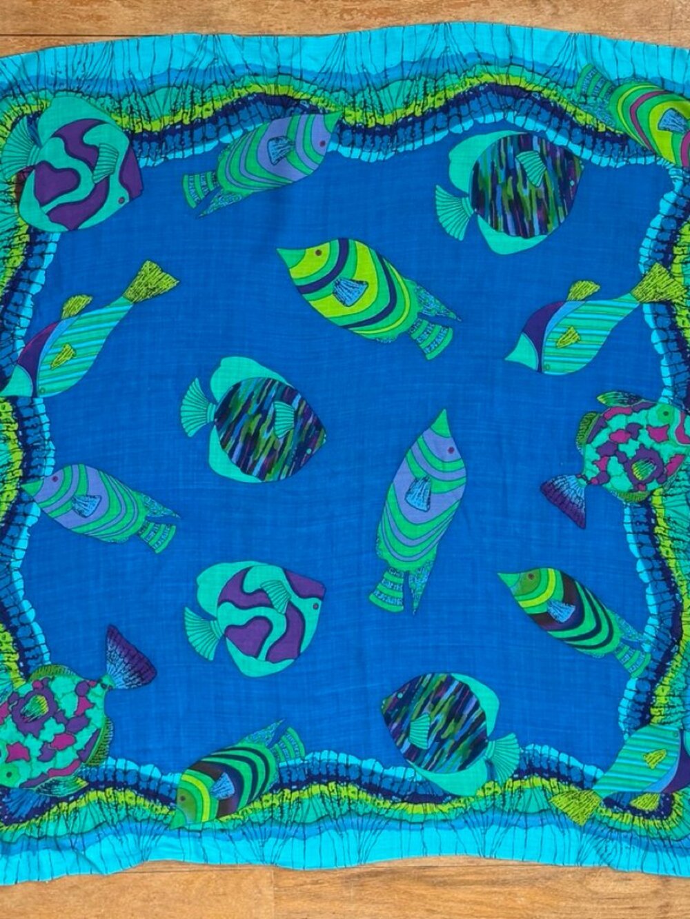 Vintage Liz Claiborne Fish Ocean Scarf 1970s Rayon Made in Japan 32 inch Square